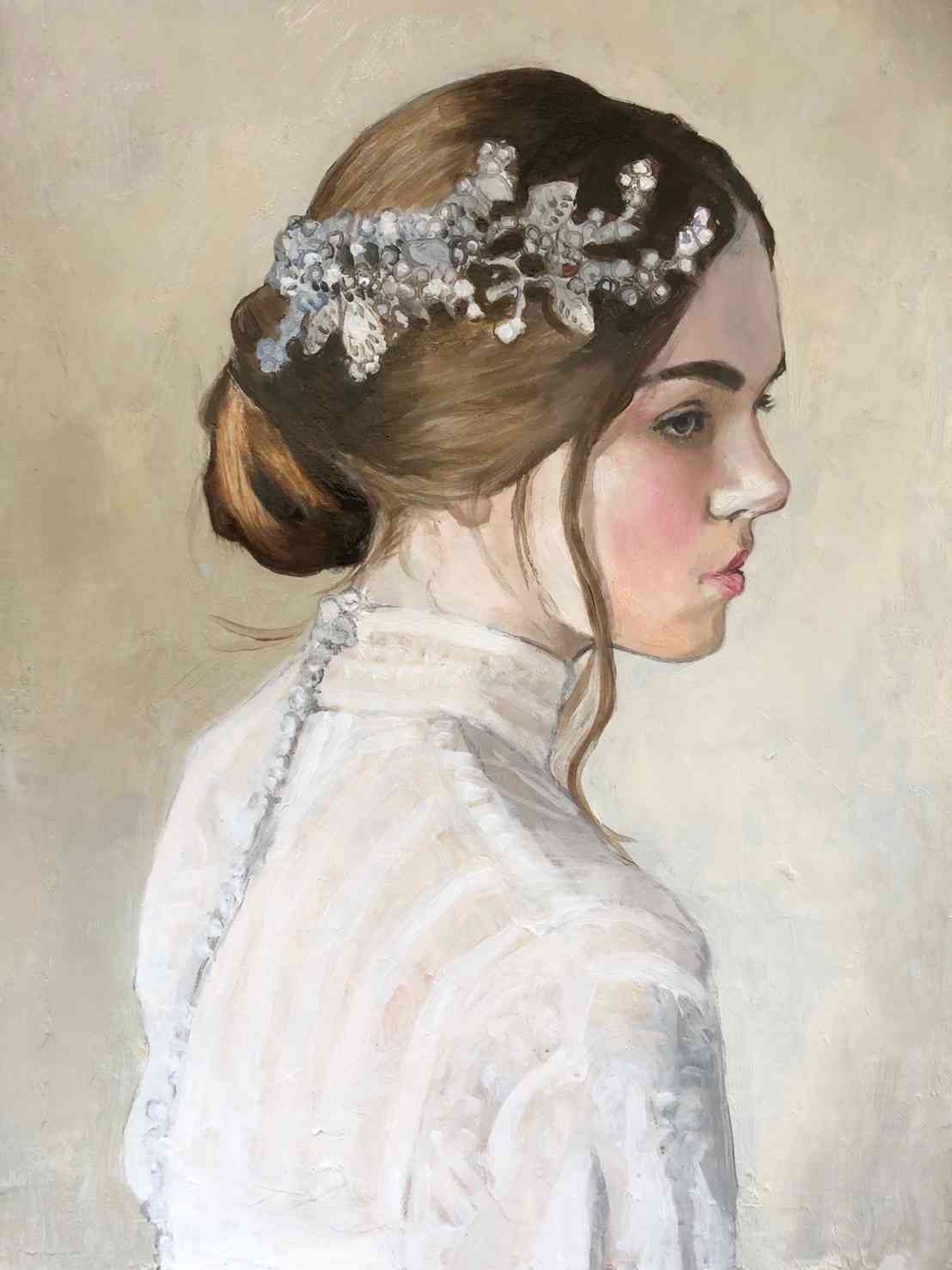 油彩画 髪飾りの少女
