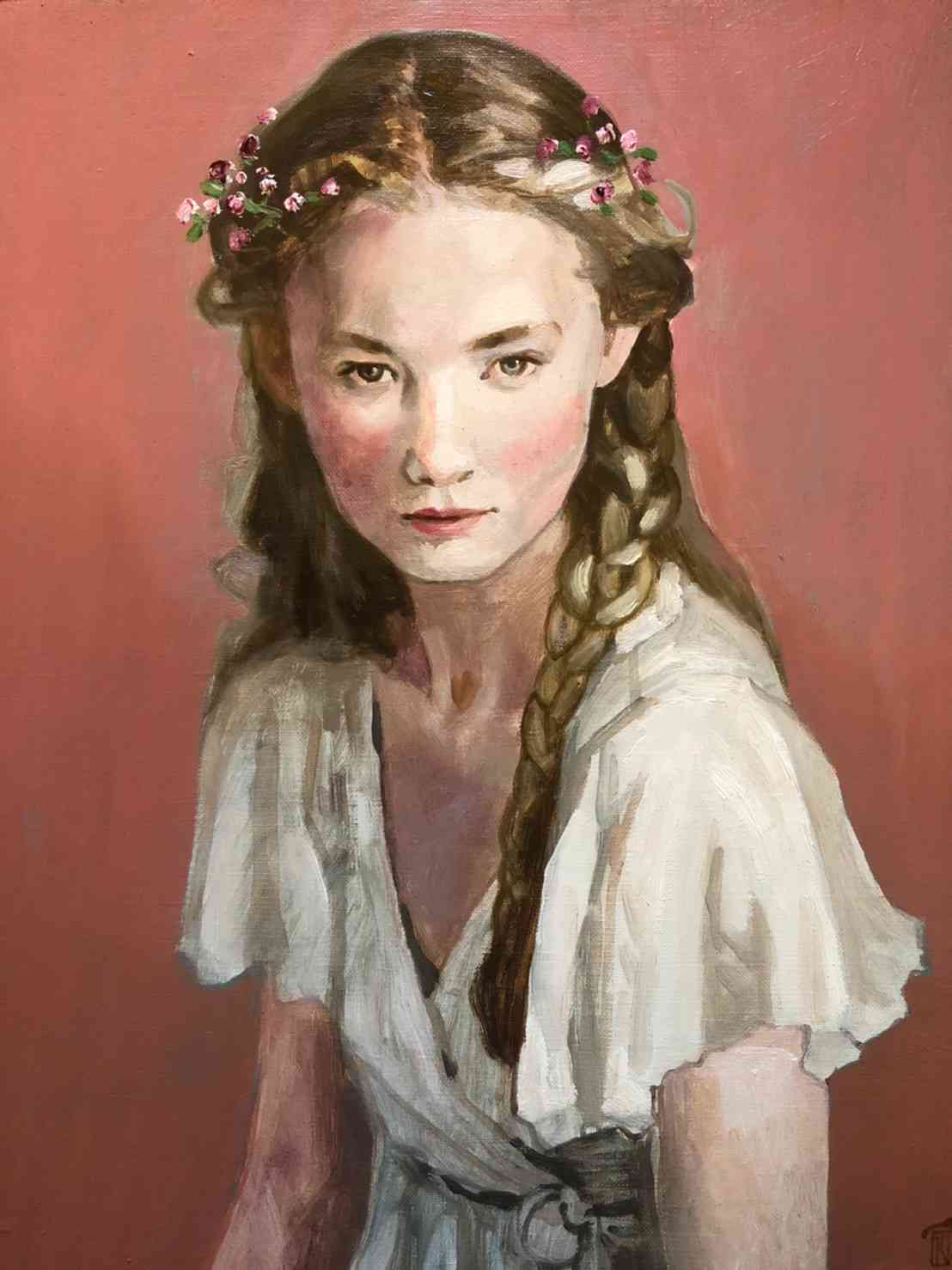 油彩画 薔薇色の少女